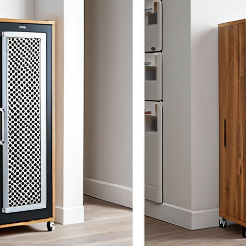 Home 4 A narrow space next to a refrigerator transformed with a slim storage unit. Focus on DIY customization, showcasing the charm of tailored storage with wooden or metal frames. Highlight the clean, organized space and efficient use of previously unused areas.