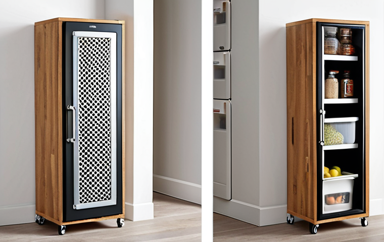 A narrow space next to a refrigerator transformed with a slim storage unit. Focus on DIY customization, showcasing the charm of tailored storage with wooden or metal frames. Highlight the clean, organized space and efficient use of previously unused areas.