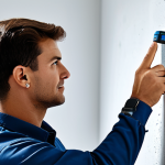 A skilled professional, wearing appropriate work attire, meticulously examining a modern living room wall for wall-mounted TV installation. The person holds a stud finder, pointing it at a section of a white wall, which shows subtle textures suggesting different materials like concrete and drywall. A drilling tool is visible on a nearby clean drop cloth. The overall scene conveys a focus on precise measurement and preparation for safe installation, with good lighting, perfect anatomy, correct proportions, well-formed hands, proper finger count, natural body proportions, safe for work, appropriate content, fully clothed, professional, high quality photo.
