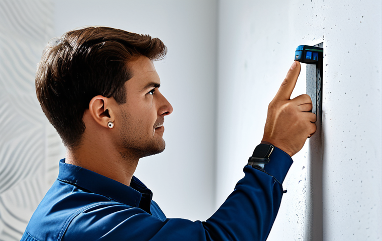 A skilled professional, wearing appropriate work attire, meticulously examining a modern living room wall for wall-mounted TV installation. The person holds a stud finder, pointing it at a section of a white wall, which shows subtle textures suggesting different materials like concrete and drywall. A drilling tool is visible on a nearby clean drop cloth. The overall scene conveys a focus on precise measurement and preparation for safe installation, with good lighting, perfect anatomy, correct proportions, well-formed hands, proper finger count, natural body proportions, safe for work, appropriate content, fully clothed, professional, high quality photo.