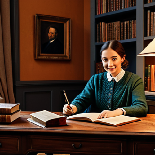 **

"A cozy living room featuring a vintage-style wooden desk with an antique lamp and books. The room is decorated in warm tones with a comfortable, fully clothed person sitting at the desk, appropriate attire, safe for work, perfect anatomy, natural pose, family-friendly, high quality, professional photography."

**