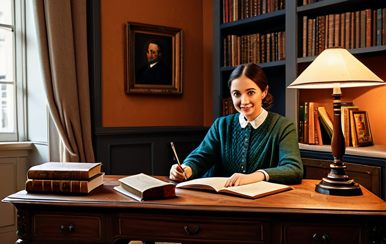 **
"A cozy living room featuring a vintage-style wooden desk with an antique lamp and books. The room is decorated in warm tones with a comfortable, fully clothed person sitting at the desk, appropriate attire, safe for work, perfect anatomy, natural pose, family-friendly, high quality, professional photography."
**