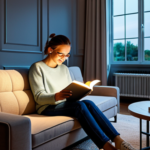 **

A modern living room with smart lighting, showcasing adjustable color temperatures. A fully clothed person is comfortably reading on a sofa. The scene emphasizes the warm, inviting ambiance created by the lighting. Safe for work, appropriate content, fully clothed, professional photography, perfect anatomy, natural proportions, family-friendly.

**