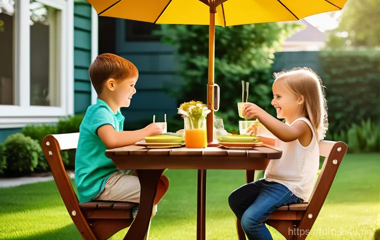야외용 테이블 인기 제품 - A vibrant and detailed image of a happy family of four, including two young children (one toddler, o...